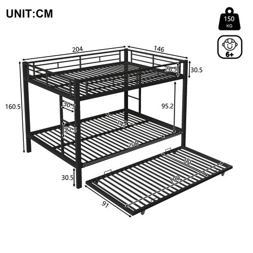 Lit Superposé 140x200 Cm x2 + Lit Gigogne 90x190 Cm Avec Barrières De Sécurité, Métal, Noir