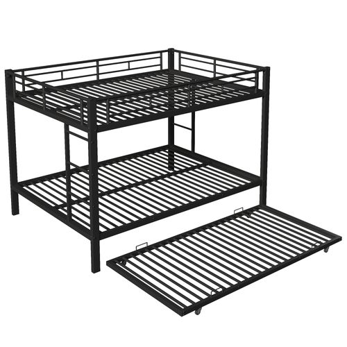 Lit Superposé 140x200 Cm x2 + Lit Gigogne 90x190 Cm Avec Barrières De Sécurité, Métal, Noir