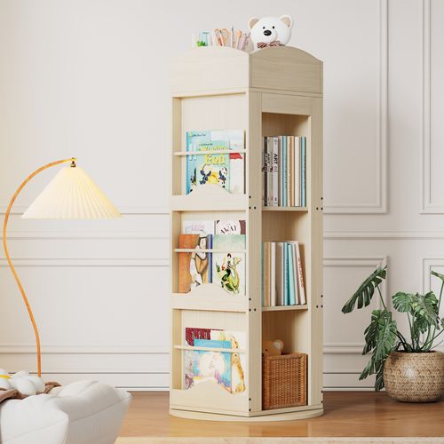 Étagère à Livres Rotative 360 Degrés 63x63x142 Cm Avec 4 Plateaux, En Mdf, Naturel