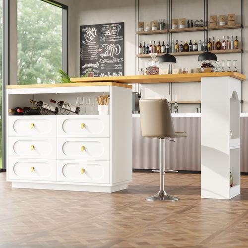 Table De Bar Extensible 203x39x90 Cm, Rotation Fluide à 360°, 6 Tiroirs, Compartiment Ouvert, Blanc