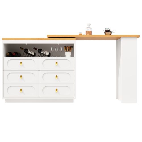 Table De Bar Extensible 203x39x90 Cm, Rotation Fluide à 360°, 6 Tiroirs, Compartiment Ouvert, Blanc