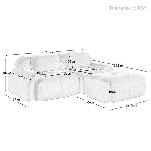Canapé Angle 2 Places Modulable En Velours Côtelé, Ergonomique, Antidérapant, Gris