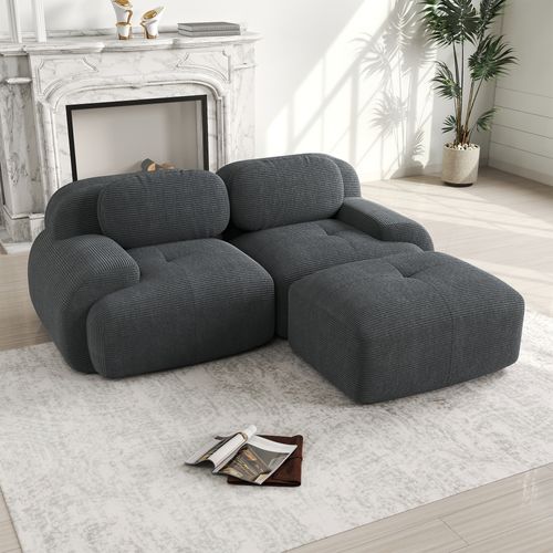 Canapé Angle 2 Places Modulable En Velours Côtelé, Ergonomique, Antidérapant, Gris