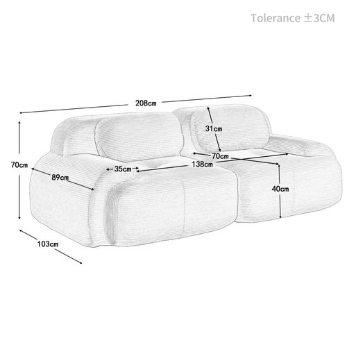 Canapé 2 Places Modulable 208cm Velours Côtelé Doux Accoudoirs Ergonomiques Anti-dérapant Noir