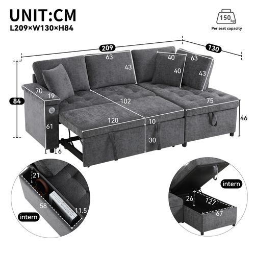 Canapé Convertible 3 Places Avec 2 Coussins, USB, Rangement, Fonction De Lit, Tissu, Gris Foncé