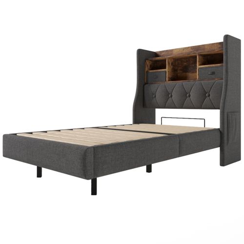 Lit Simple 90x200 Cm Avec 2 Tiroirs, LED, USB, Type-c, Rangements, Sommier à Lattes, En Lin, Gris