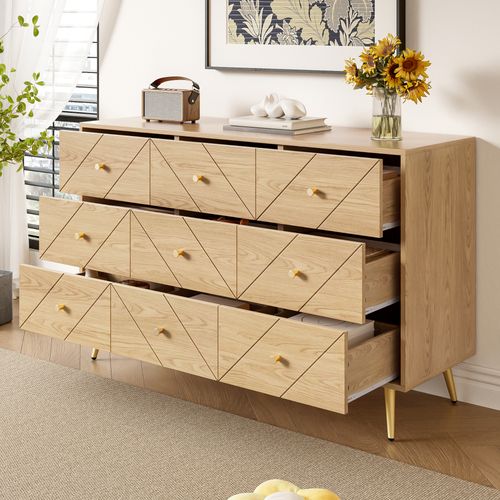 Commode 120x39x80 Cm Avec 9 Tiroirs, Pieds De Meuble En Fer, Chêne