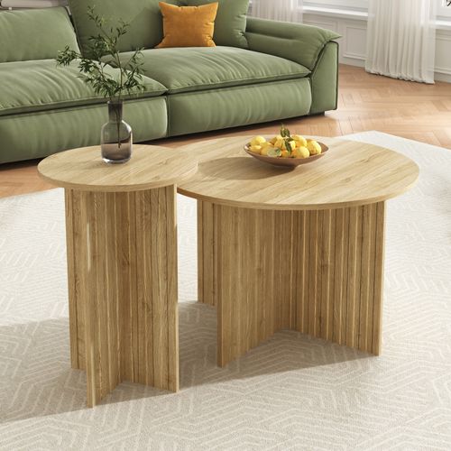 Lot De 2 Table Basse Rond Table Basse 76x76x50/40x40x56,5cm, Couleur Naturelle