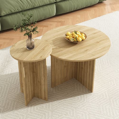 Lot De 2 Table Basse Rond Table Basse 76x76x50/40x40x56,5cm, Couleur Naturelle
