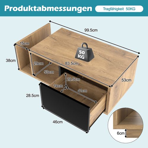 Table Basse LED 99,5 X 53 X 38 Cm, 1 Tiroir, Espace De Rangement Ouvert, Couleur Bois + Noir