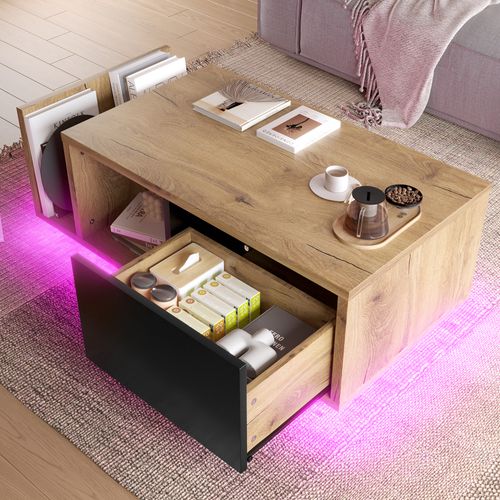 Table Basse LED 99,5 X 53 X 38 Cm, 1 Tiroir, Espace De Rangement Ouvert, Couleur Bois + Noir