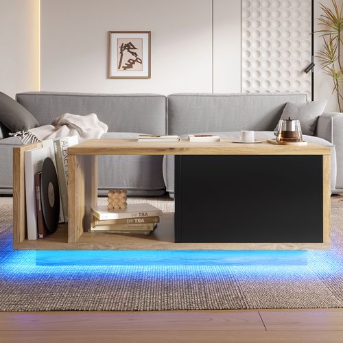 Table Basse LED 99,5 X 53 X 38 Cm, 1 Tiroir, Espace De Rangement Ouvert, Couleur Bois + Noir