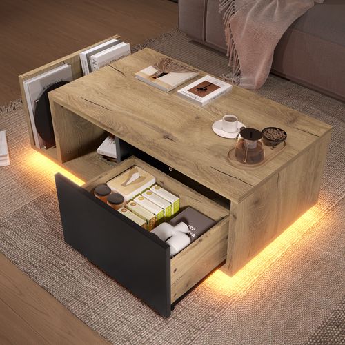 Table Basse LED 99,5 X 53 X 38 Cm, 1 Tiroir, Espace De Rangement Ouvert, Couleur Bois + Noir