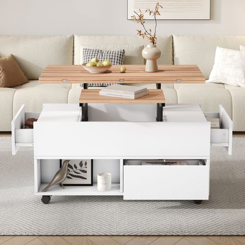 Table Basse Rectangulaire Relevable 100x50x52 Cm Avec 4 Roulettes, 4 Tiroirs, Blanc Et Chêne