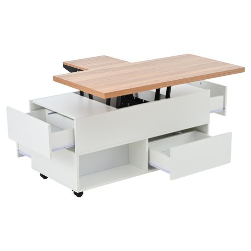 Table Basse Rectangulaire Relevable 100x50x52 Cm Avec 4 Roulettes, 4 Tiroirs, Blanc Et Chêne