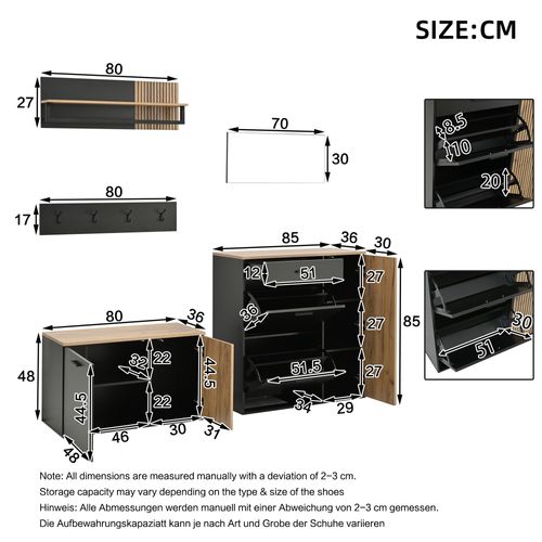 Ensemble De Vestiaire D’entrée Avec 1 Miroir, 1 Tiroir, Étagères, Crochets, Banc, Noir Et Chêne