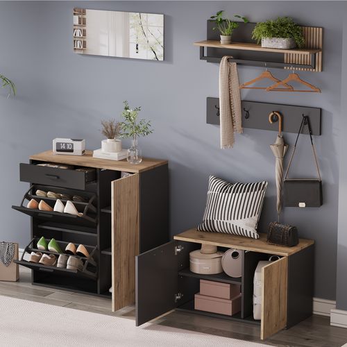 Ensemble De Vestiaire D’entrée Avec 1 Miroir, 1 Tiroir, Étagères, Crochets, Banc, Noir Et Chêne