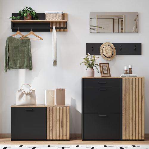 Ensemble De Vestiaire D’entrée Avec 1 Miroir, 1 Tiroir, Étagères, Crochets, Banc, Noir Et Chêne