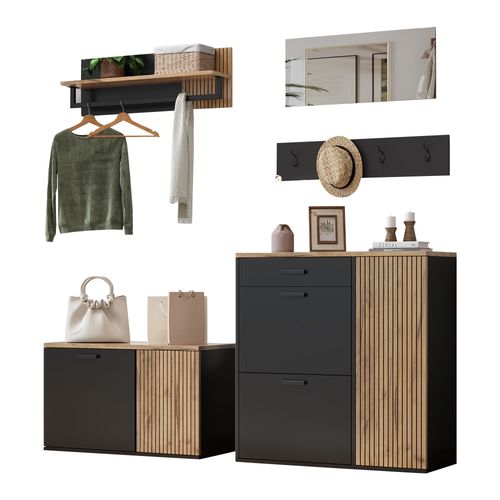 Ensemble De Vestiaire D’entrée Avec 1 Miroir, 1 Tiroir, Étagères, Crochets, Banc, Noir Et Chêne