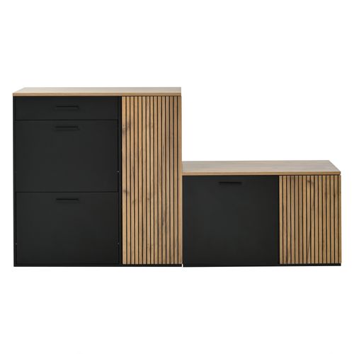 Ensemble De Vestiaire D’entrée Avec 1 Miroir, 1 Tiroir, Étagères, Crochets, Banc, Noir Et Chêne