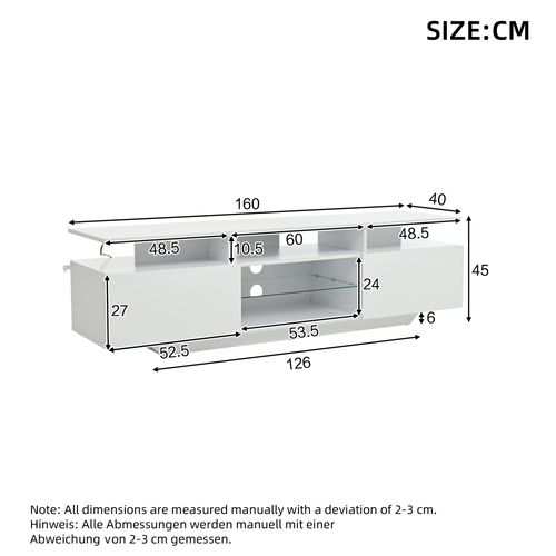 Meuble TV Moderne 160x40x45cm, 2 Portes, Étagère En Verre, Avec LED, Pour TV 70", Blanc Brillant