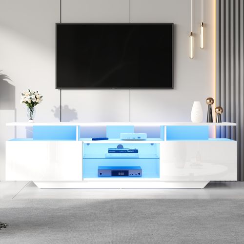 Meuble TV Moderne 160x40x45cm, 2 Portes, Étagère En Verre, Avec LED, Pour TV 70", Blanc Brillant