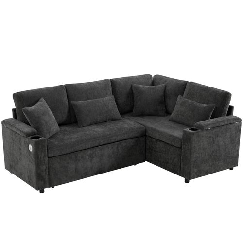 Canapé Angle Convertible Avec Porte-gobelets, USB, Coussins, Rangement, En Tissu, Gris Foncé