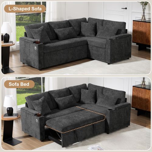 Canapé Angle Convertible Avec Porte-gobelets, USB, Coussins, Rangement, En Tissu, Gris Foncé