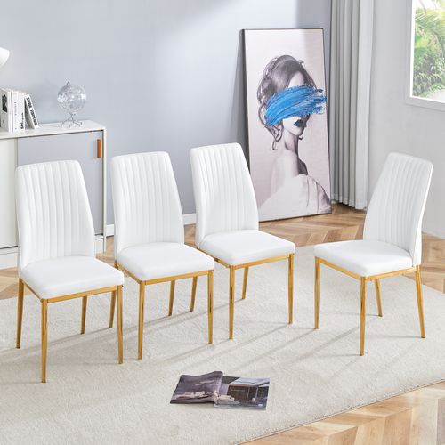 Chaises De Salle à Manger Modernes 4 Pièces, Pieds En Métal Doré, Pu, ​​blanc