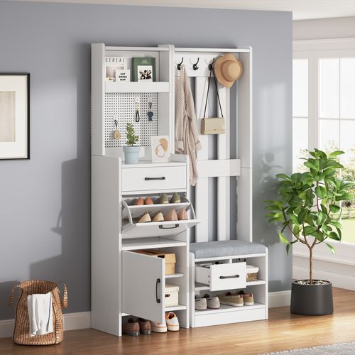 Vestiaire D’entrée 110 X 35 X 175,5 Cm Avec 2 Tiroirs, 2 Portes, Crochets, Banc, Blanc