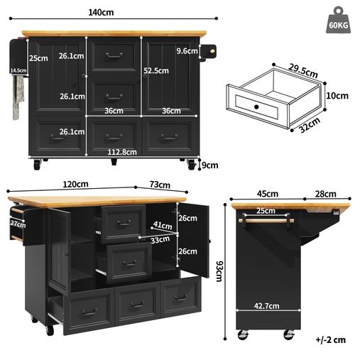Buffet De Cuisine 140x45/73x93cm, 2 Portes, 5 Tiroirs, Plateau Rabattable, Noir