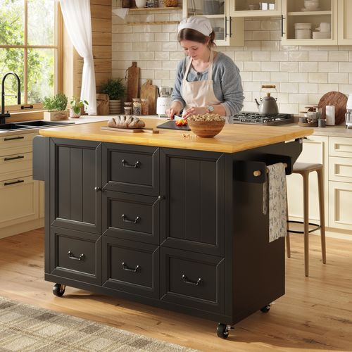 Buffet De Cuisine 140x45/73x93cm, 2 Portes, 5 Tiroirs, Plateau Rabattable, Noir