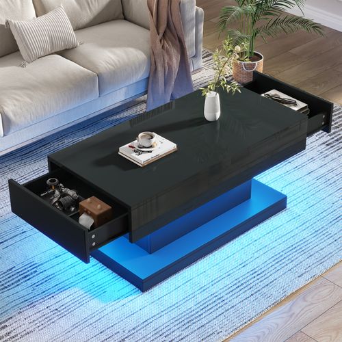 Table Basse Rectangulaire 100x50x45 Cm Avec 2 Tiroirs, LED, Rangement, En Panneaux Particules, Noir