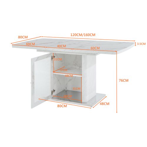 Table De Salle à Manger Rectangulaire Moderne 120/160x80x76cm, Extensible, 1 Porte, Blanc