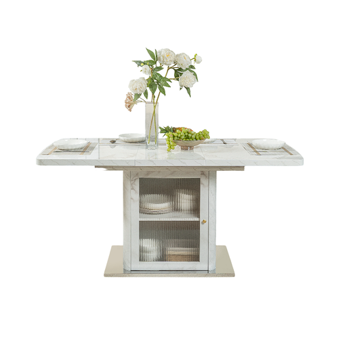 Table De Salle à Manger Rectangulaire Moderne 120/160x80x76cm, Extensible, 1 Porte, Blanc
