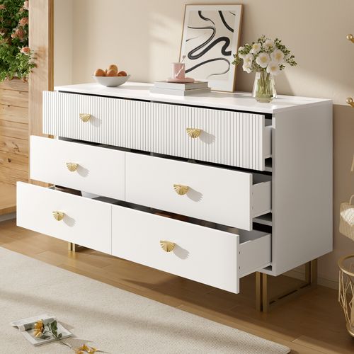 Commode 120x40x75 Cm Avec 6 Tiroirs, Pieds Stables, Espace De Rangement, En Mdf, Blanc + Doré