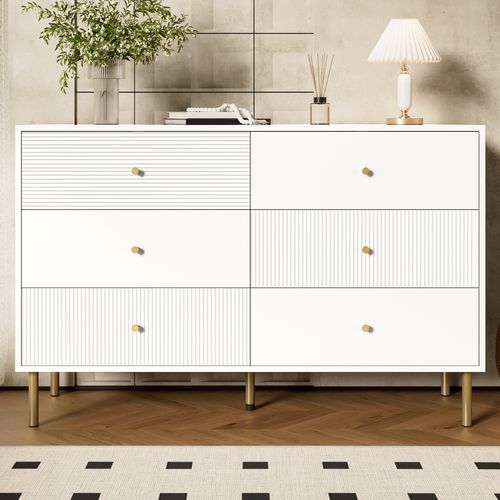 Commode 120x40x78 Cm Avec 6 Tiroirs, 5 Pieds Stables, Poignées, Rangement, En Mdf, Blanc + Doré