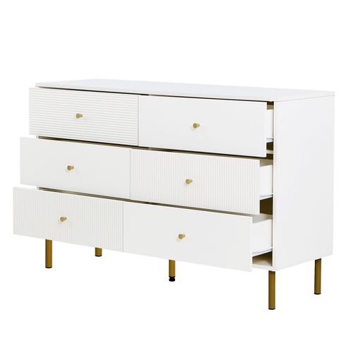 Commode 120x40x78 Cm Avec 6 Tiroirs, 5 Pieds Stables, Poignées, Rangement, En Mdf, Blanc + Doré