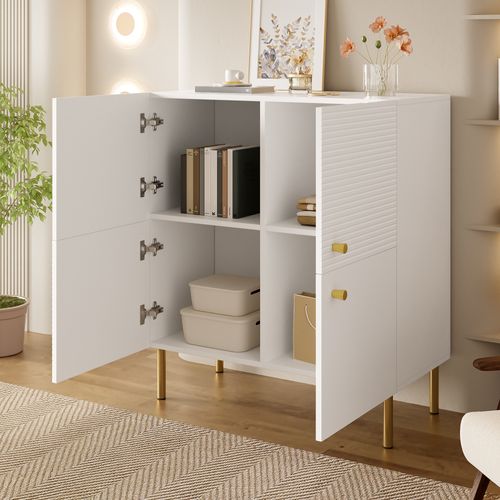 Buffet 80 X 36 X 90 Cm Avec 4 Portes, Poignées, Espace De Rangement, En Mdf, Blanc