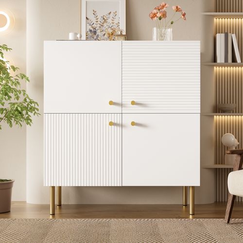 Buffet 80 X 36 X 90 Cm Avec 4 Portes, Poignées, Espace De Rangement, En Mdf, Blanc