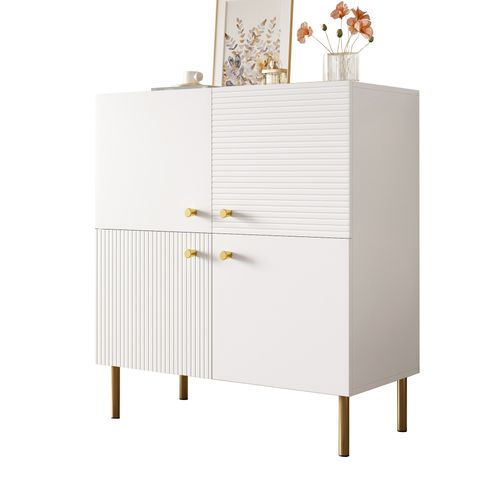 Buffet 80 X 36 X 90 Cm Avec 4 Portes, Poignées, Espace De Rangement, En Mdf, Blanc