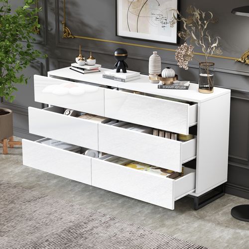 Buffet De Salon 140x39,5x78,5 Cm Avec 6 Tiroirs, 3 Pieds En Métal, En Panneau De Particules, Blanc