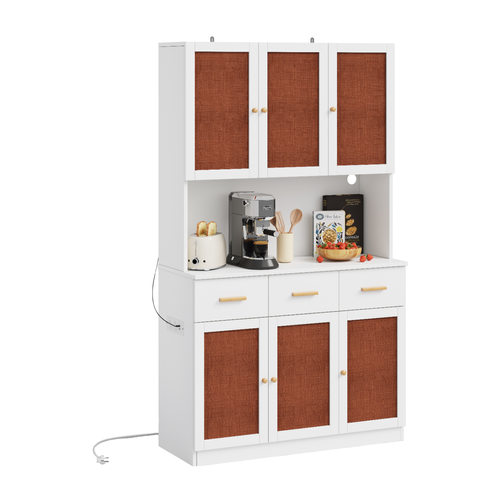 Buffet Haut 105x43x182 Cm Avec 3 Tiroirs, 6 Portes, Compartiment Ouvert, En Mdf, Blanc Et Rouge
