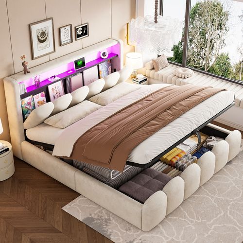 Lit Coffre Adulte 180x200 Cm Lit Double à Motif Pétale Avec LED Et Prise USB, Velours, Beige