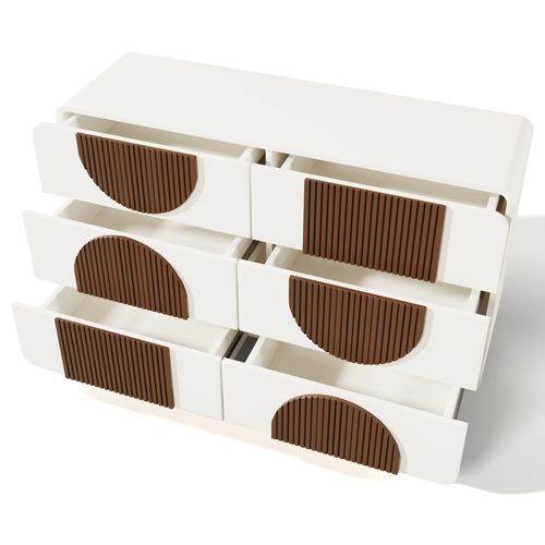 Commode 121x41x71mm, 6 Tiroirs, Dispositif Anti-basculement, Blanc + Couleur Bois