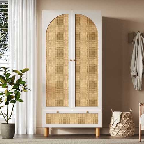 Armoire 85,5 X 52 X 180,5 Cm, 2 Portes En Rotin, 1 Tiroir, Tringle à Vêtements, Blanc