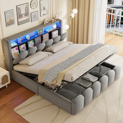 Lit Coffre Adulte 180x200 Cm Lit Double à Motif Pétale Avec LED Et Prise USB, Velours, Gris