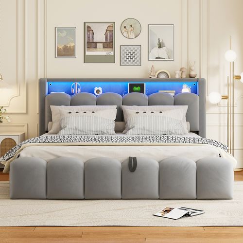 Lit Coffre Adulte 180x200 Cm Lit Double à Motif Pétale Avec LED Et Prise USB, Velours, Gris