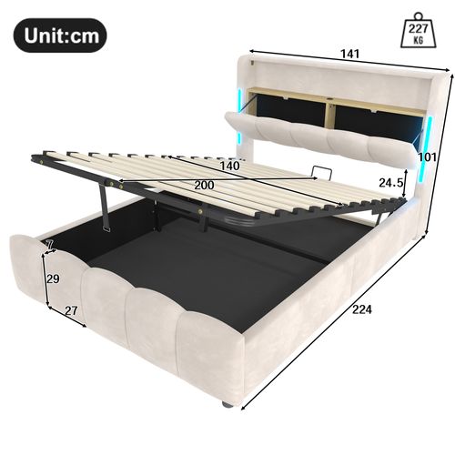 Lit Coffre 140x200cm Avec Éclairage LED, Rangement Hydraulique, Prises USB, Type-c, Velours, Beige