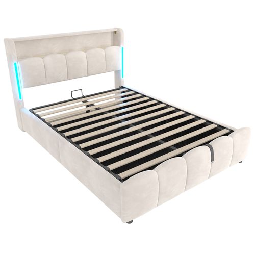 Lit Coffre 140x200cm Avec Éclairage LED, Rangement Hydraulique, Prises USB, Type-c, Velours, Beige
